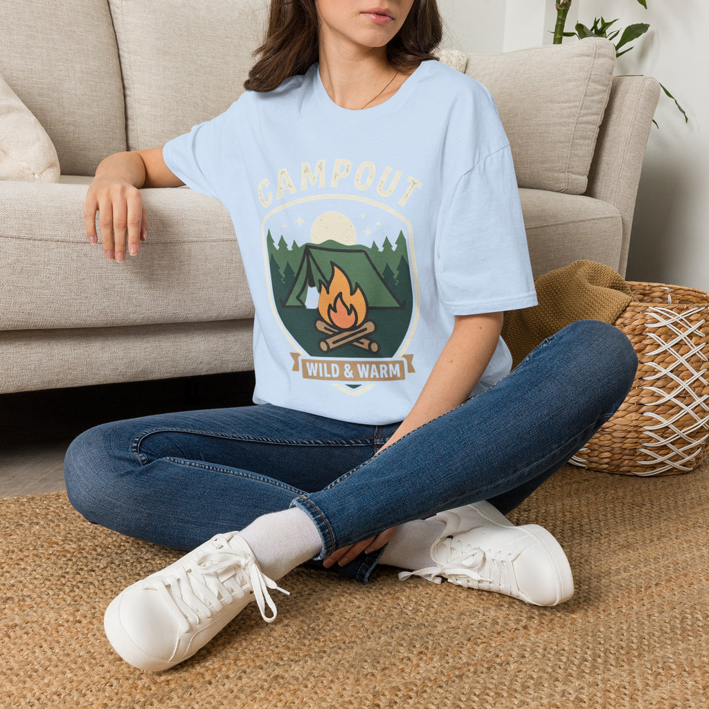 Campout T-Shirt — Campfire Adventure Graphic Tee ("Campout" "Wild & Warm")