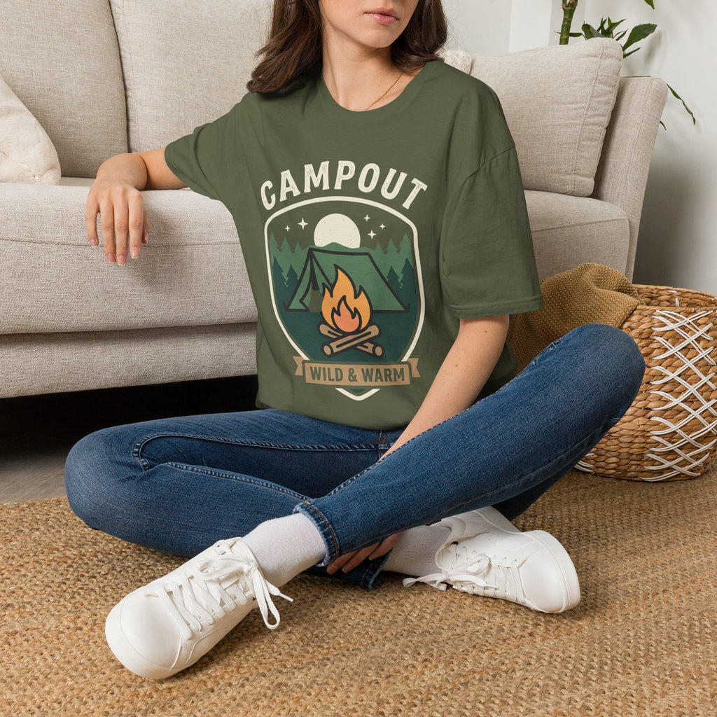 Campout T-Shirt — Campfire Adventure Graphic Tee ("Campout" "Wild & Warm")