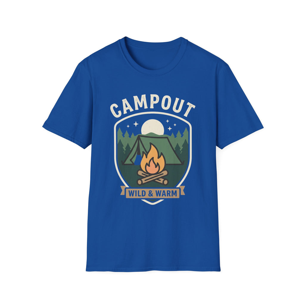 Campout T-Shirt — Campfire Adventure Graphic Tee ("Campout" "Wild & Warm")
