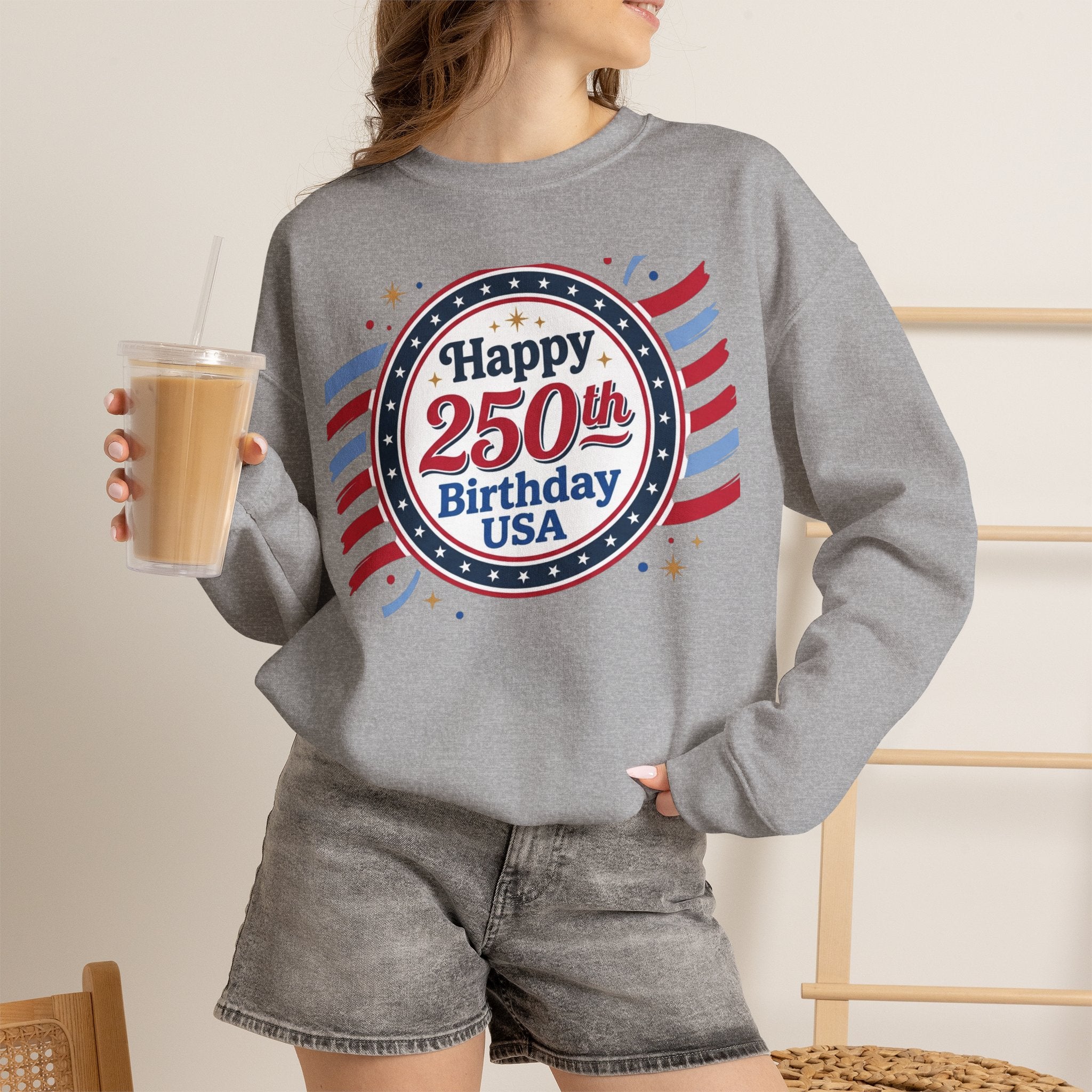 Happy 250th Birthday USA Crewneck Sweatshirt — Patriotic 250th Anniversary Pullover