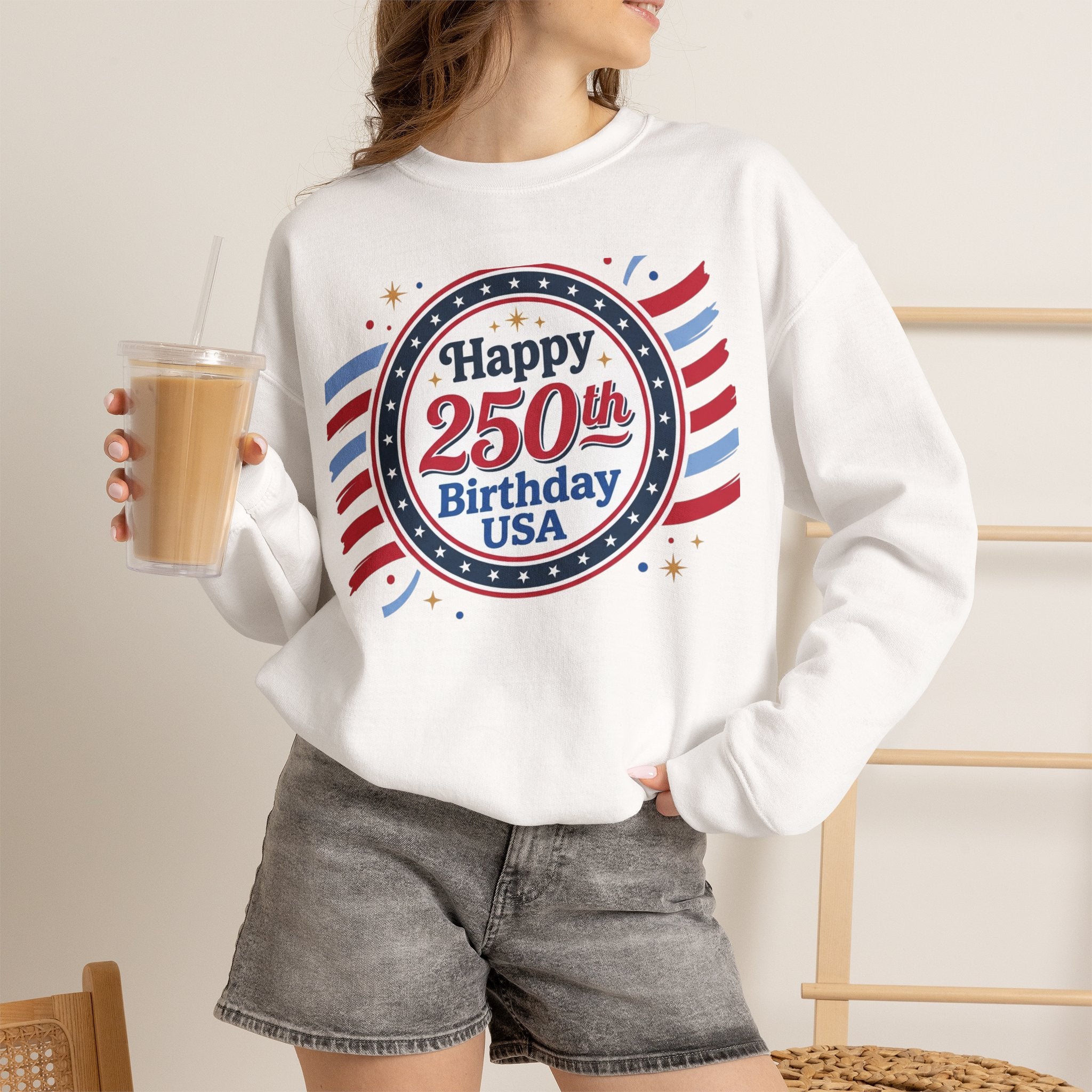 Happy 250th Birthday USA Crewneck Sweatshirt — Patriotic 250th Anniversary Pullover