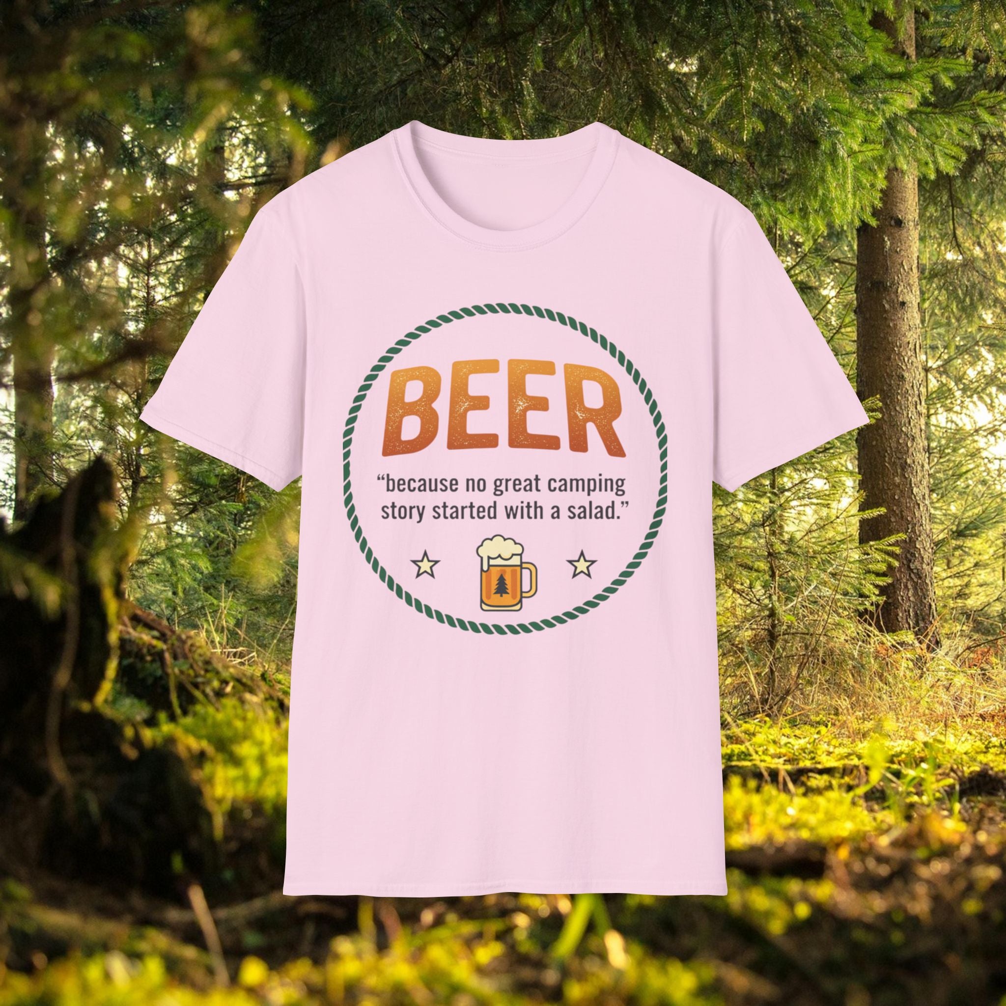 Beer Camping T-Shirt — "Because no great camping story started with a salad."