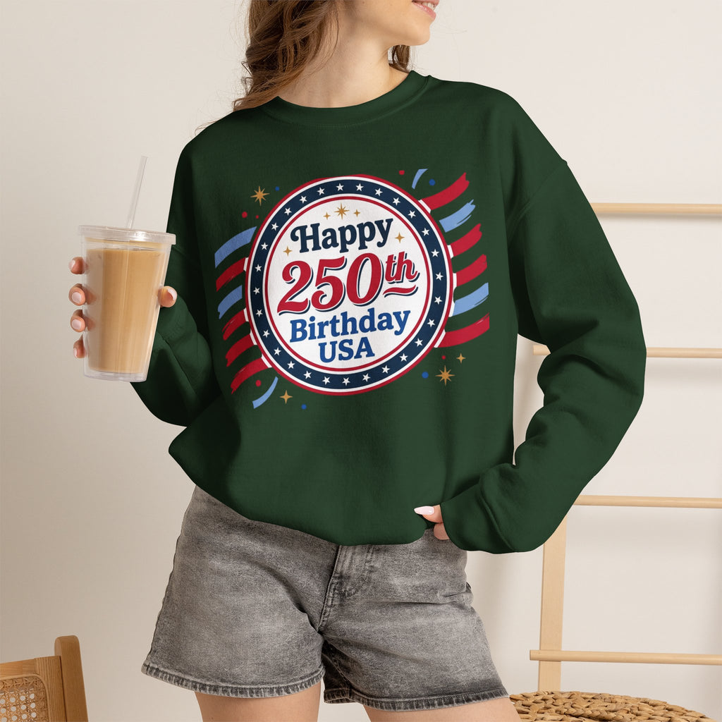 Happy 250th Birthday USA Crewneck Sweatshirt — Patriotic 250th Anniversary Pullover