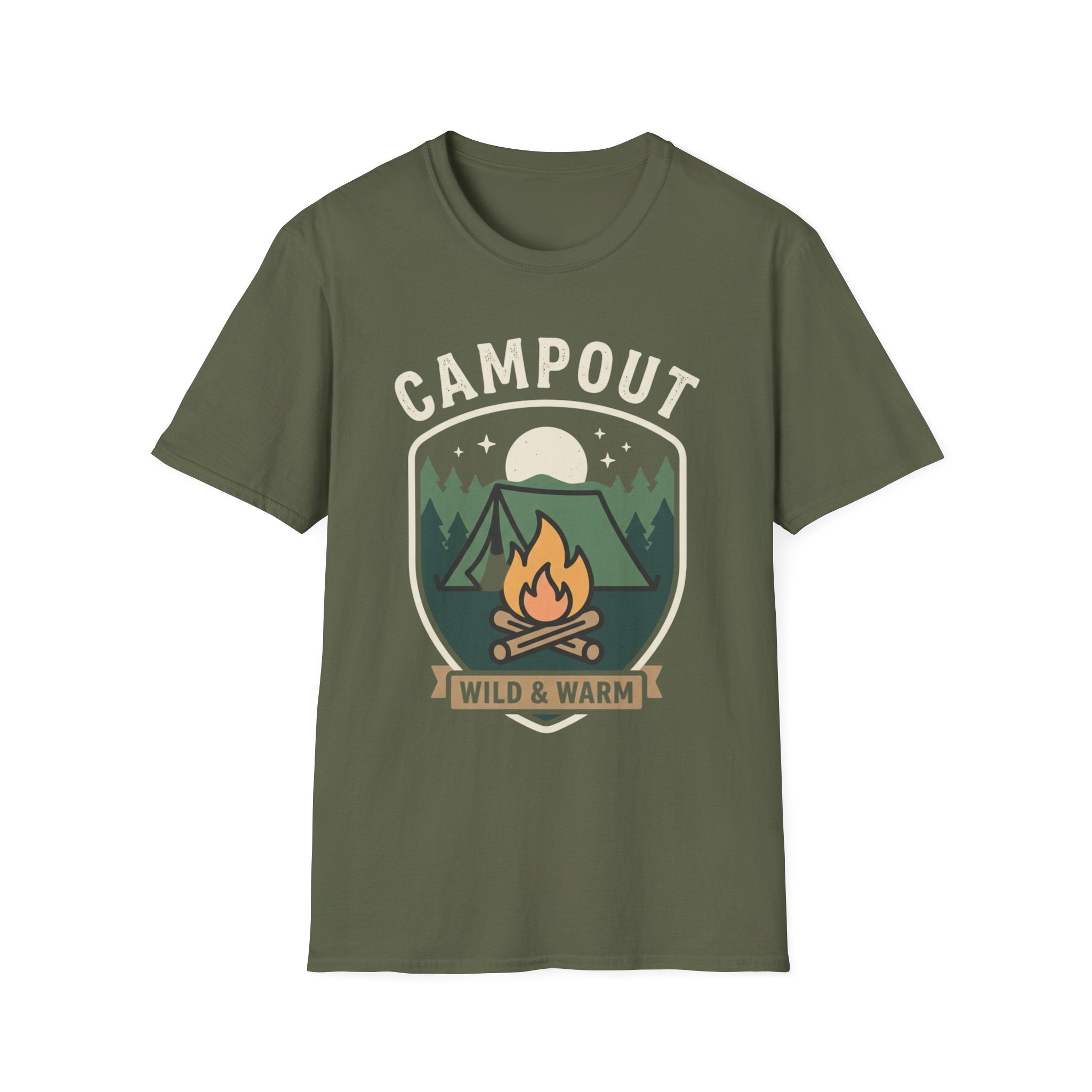 Campout T-Shirt — Campfire Adventure Graphic Tee ("Campout" "Wild & Warm")