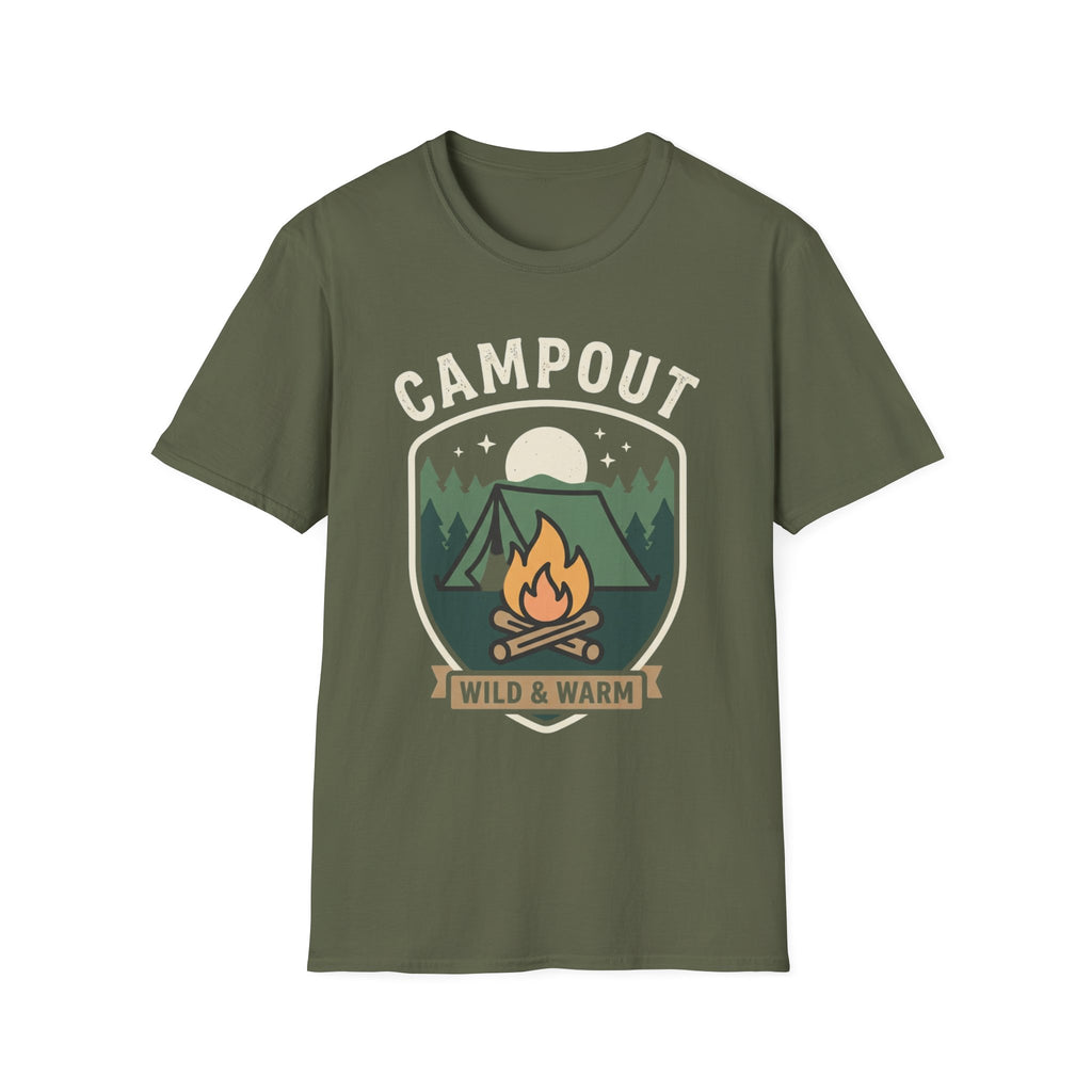 Campout T-Shirt — Campfire Adventure Graphic Tee ("Campout" "Wild & Warm")