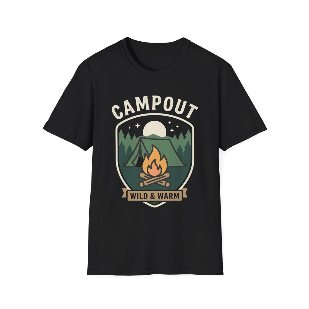 Campout T-Shirt — Campfire Adventure Graphic Tee ("Campout" "Wild & Warm")