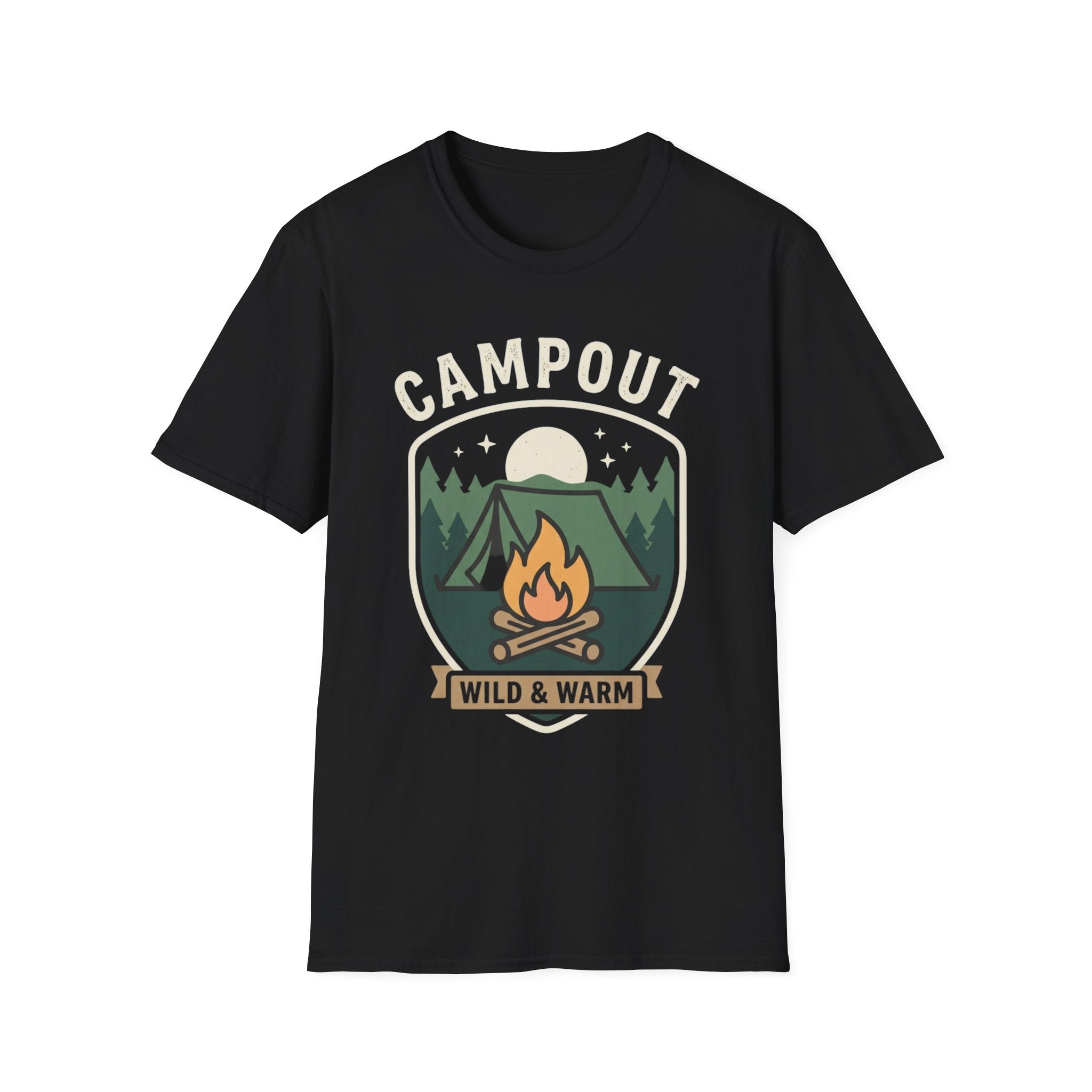Campout T-Shirt — Campfire Adventure Graphic Tee ("Campout" "Wild & Warm")
