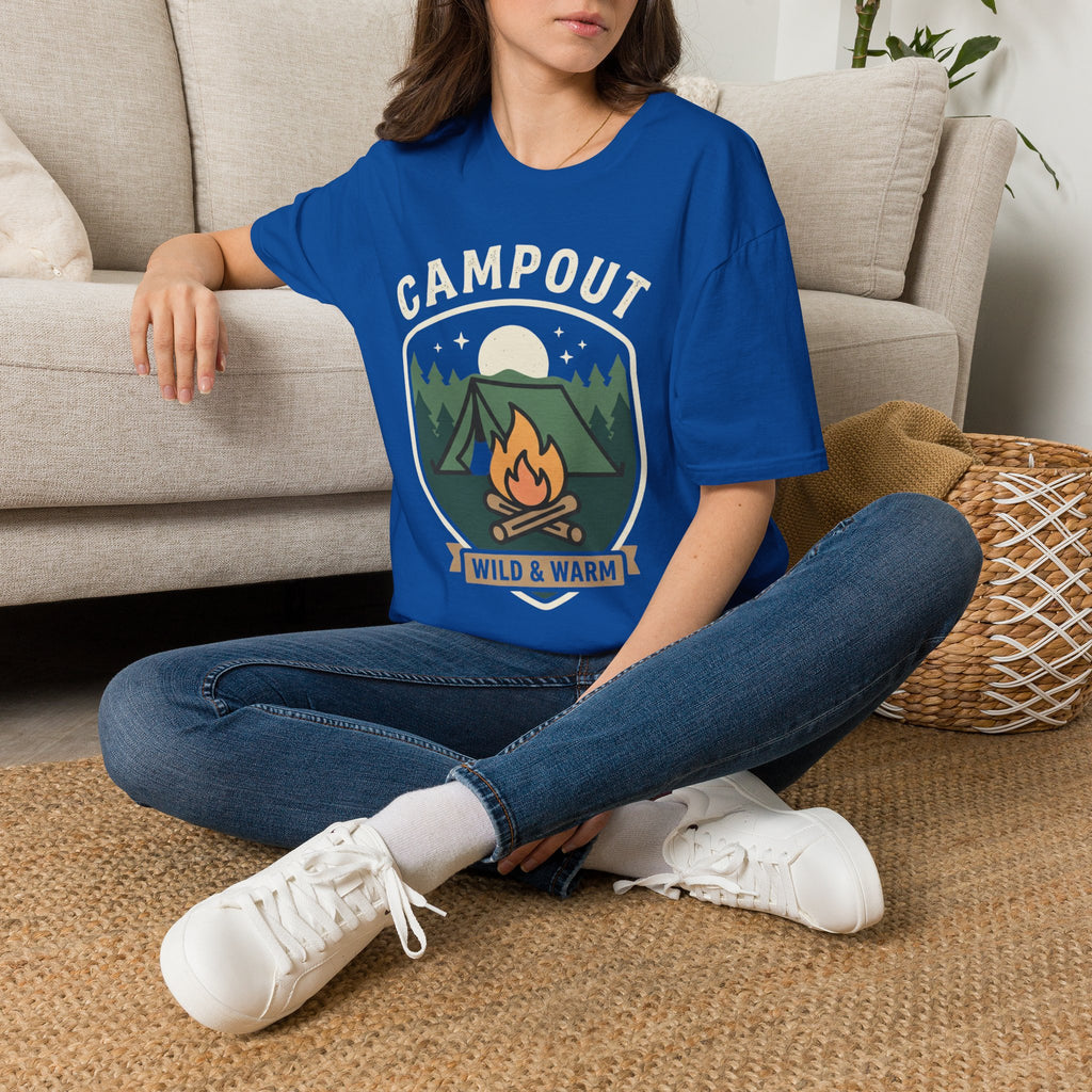 Campout T-Shirt — Campfire Adventure Graphic Tee ("Campout" "Wild & Warm")