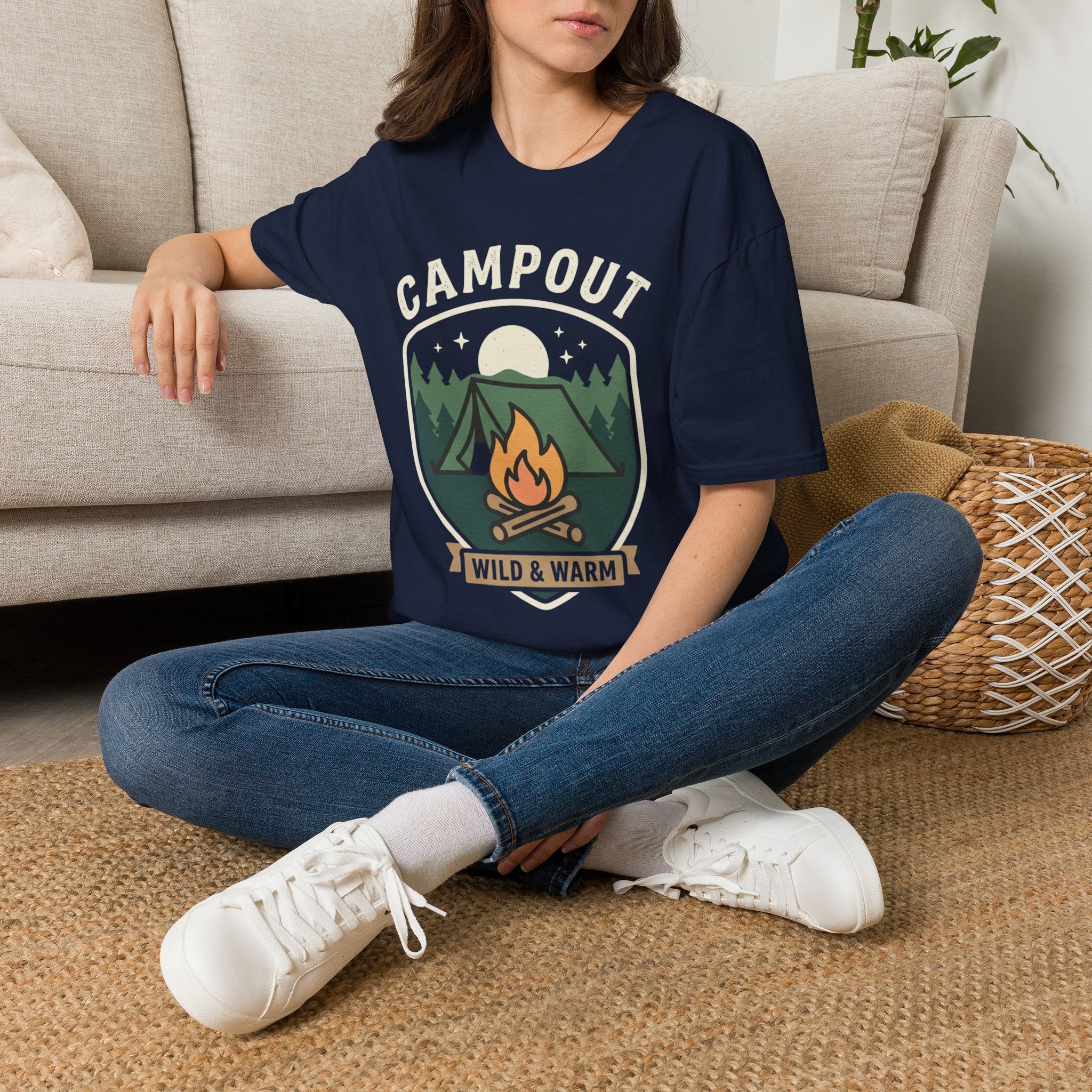 Campout T-Shirt — Campfire Adventure Graphic Tee ("Campout" "Wild & Warm")