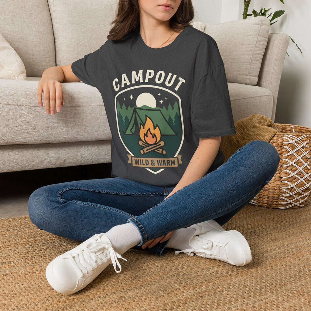 Campout T-Shirt — Campfire Adventure Graphic Tee ("Campout" "Wild & Warm")