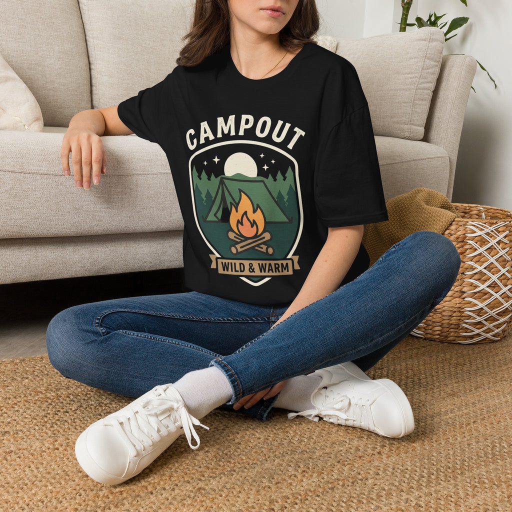 Campout T-Shirt — Campfire Adventure Graphic Tee ("Campout" "Wild & Warm")