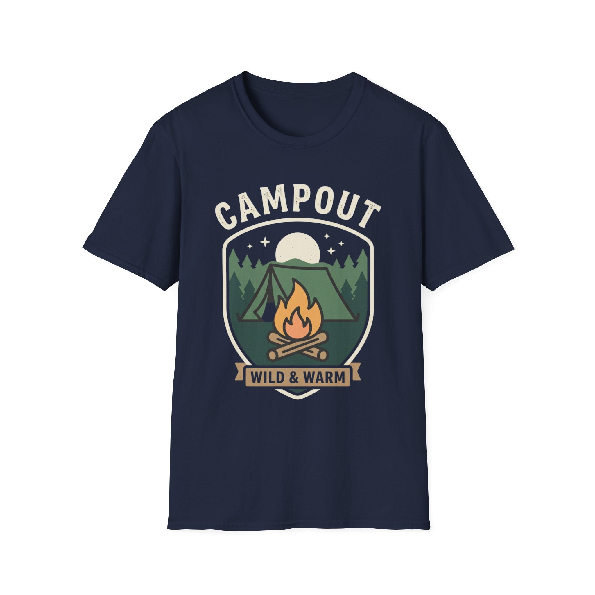 Campout T-Shirt — Campfire Adventure Graphic Tee ("Campout" "Wild & Warm")