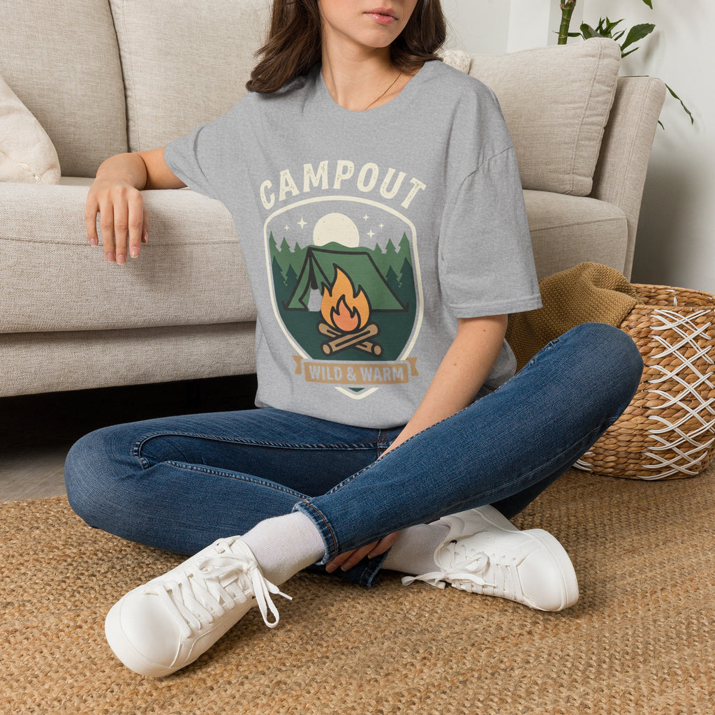 Campout T-Shirt — Campfire Adventure Graphic Tee ("Campout" "Wild & Warm")