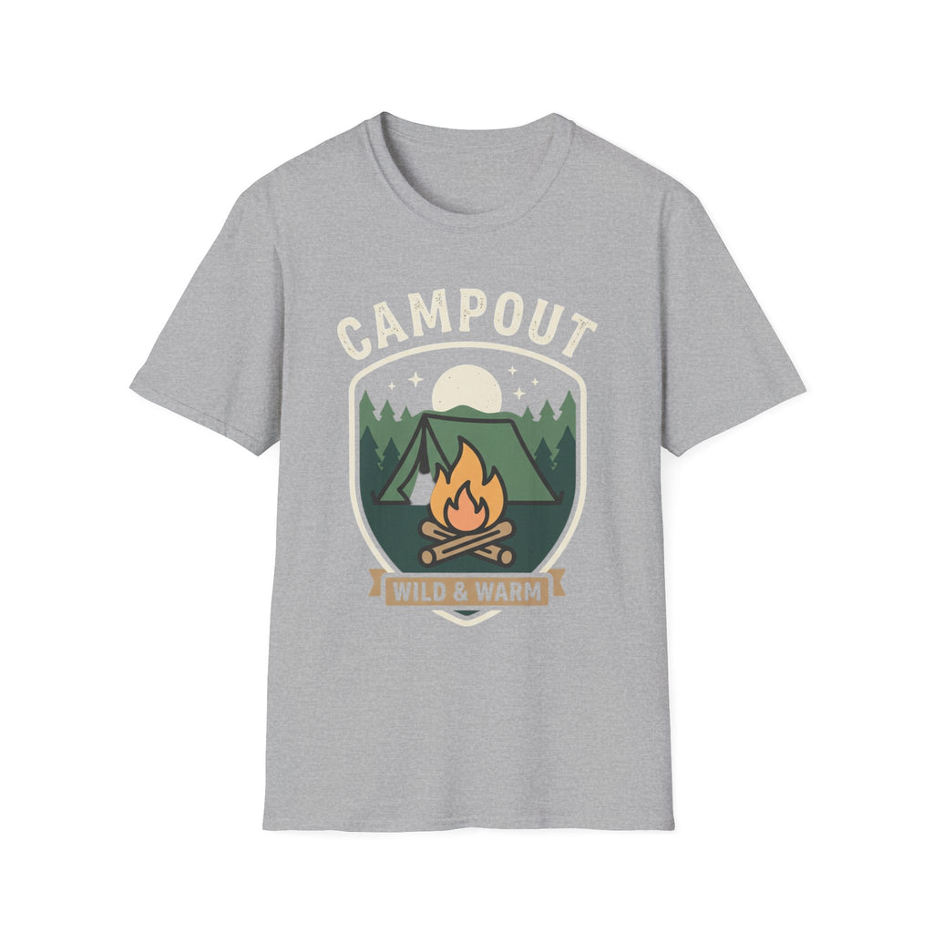 Campout T-Shirt — Campfire Adventure Graphic Tee ("Campout" "Wild & Warm")