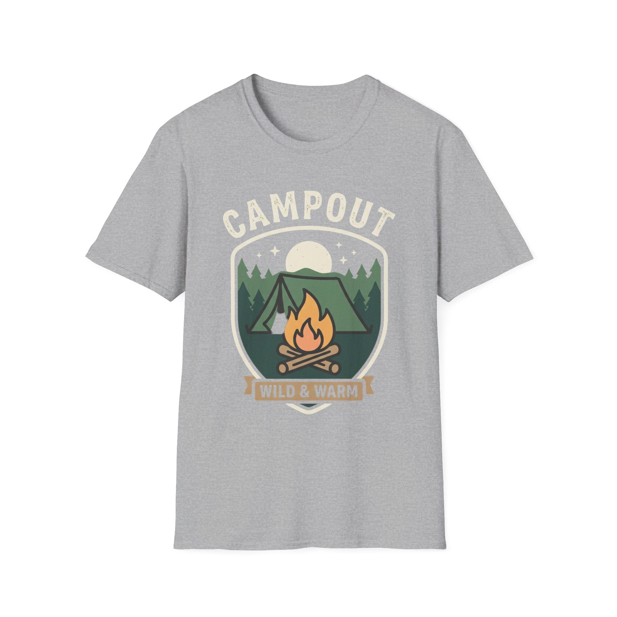 Campout T-Shirt — Campfire Adventure Graphic Tee ("Campout" "Wild & Warm")