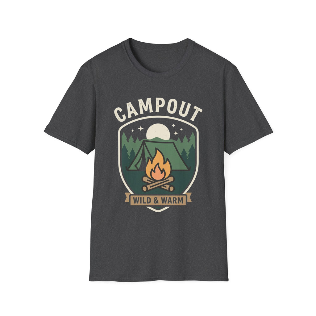 Campout T-Shirt — Campfire Adventure Graphic Tee ("Campout" "Wild & Warm")