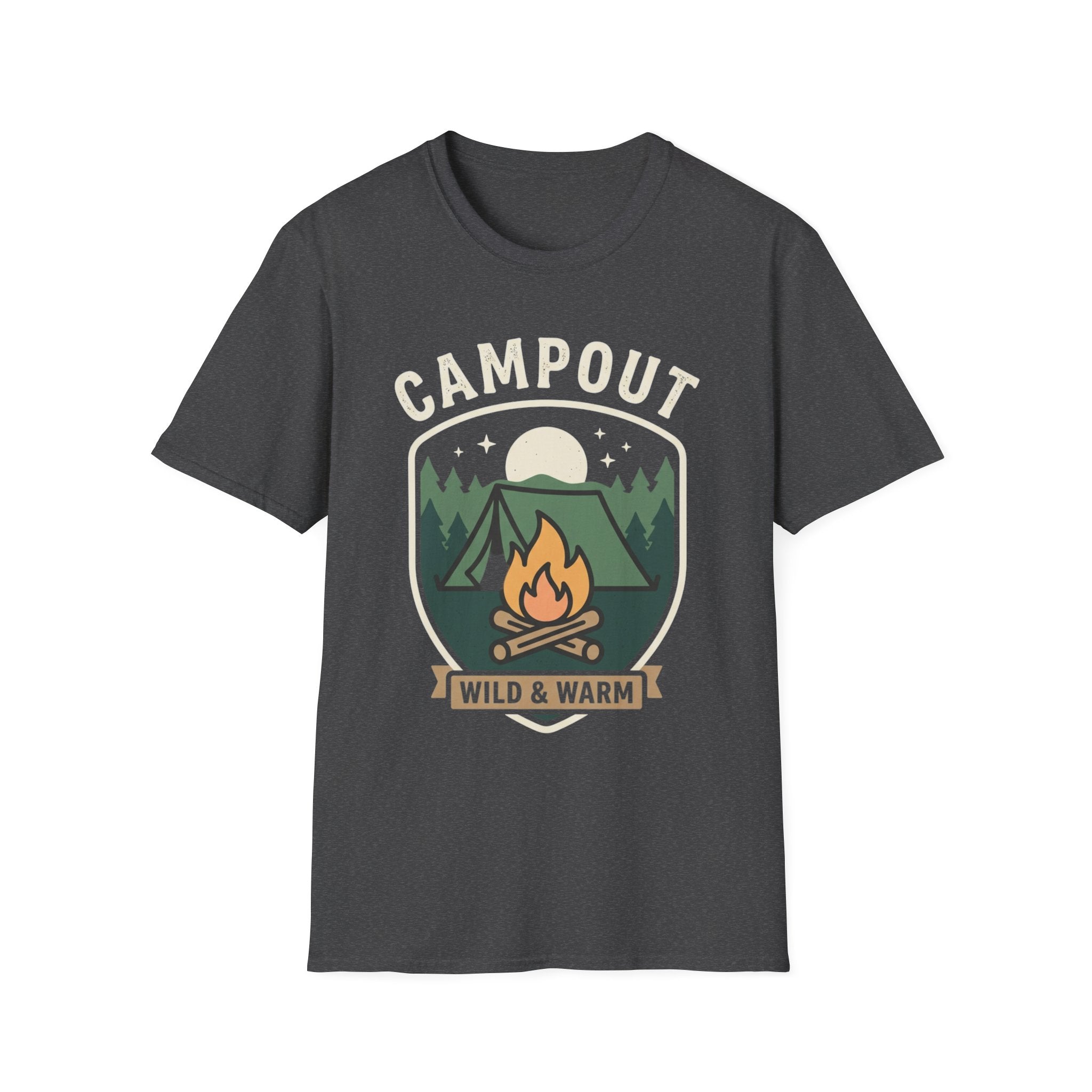 Campout T-Shirt — Campfire Adventure Graphic Tee ("Campout" "Wild & Warm")