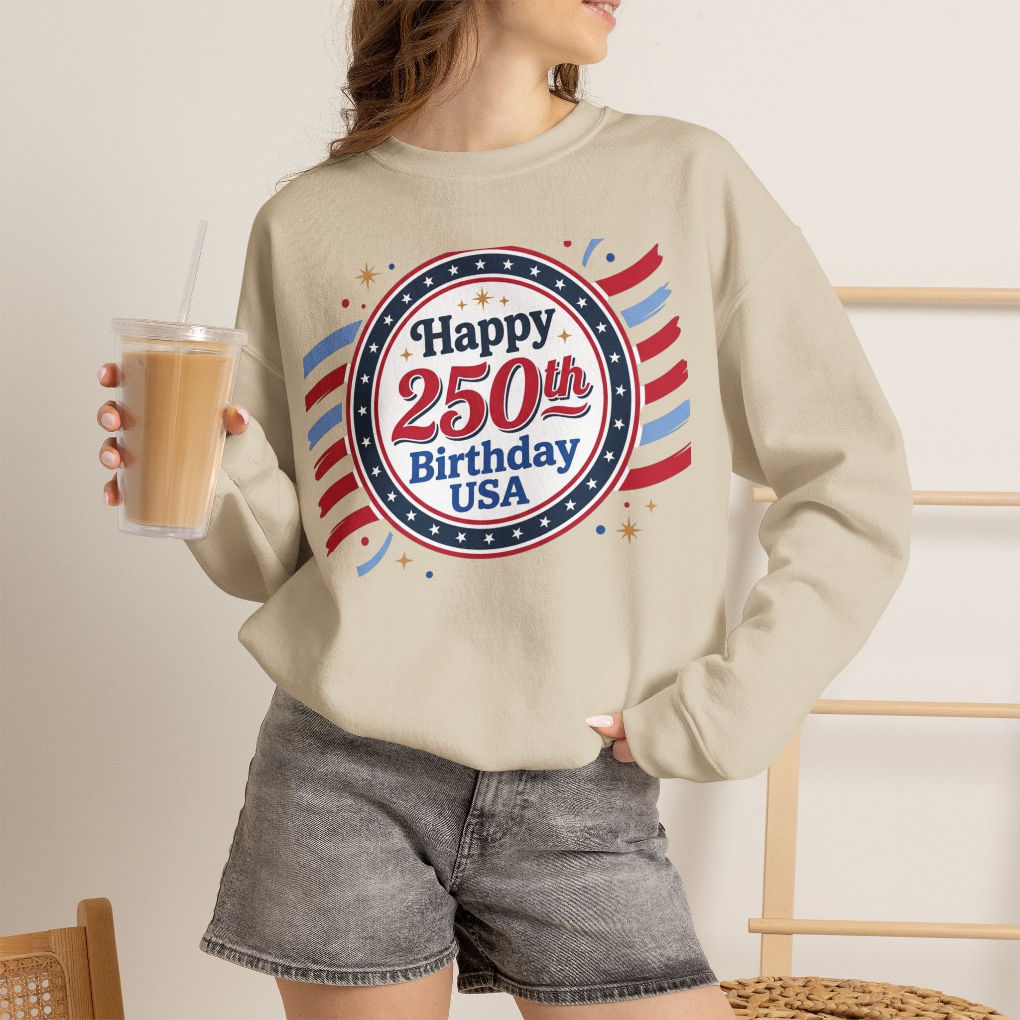 Happy 250th Birthday USA Crewneck Sweatshirt — Patriotic 250th Anniversary Pullover